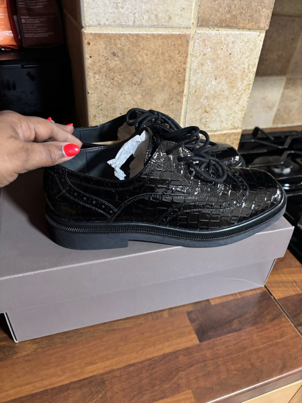 Franco Sarto Black Croc-Embossed Lace-Up Flats